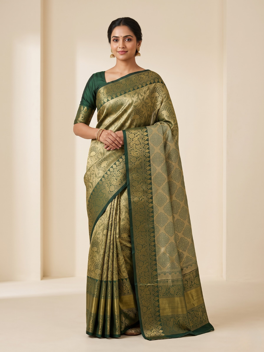 Golden Green Semi Silk Saree